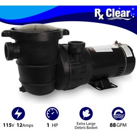Rx Clear 1 HP Extreme Force Pool Pump for Above Ground Swimming Pools | High Performance Single Speed Pump | 75 GPM | 115V 12 Amps | Durable & Quiet