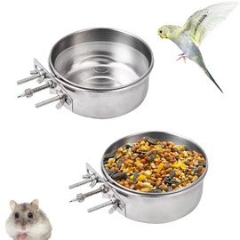RMNHPTK Pet Crate Bowls, 2-Pack Rabbit Food Water Bowls No Spill Removable Hanging Stainless Steel Parrot Feeding Cups Kennel Feeder Coop Cup for Small Medium Pets Birds Bunnies Cats Dogs (S)