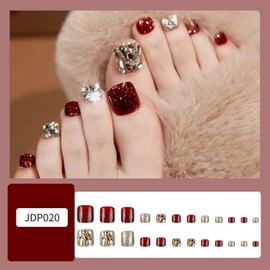 Ballerina Rhinestones Press on Toenails Red Glitter False Toenails Glossy Short Square Toe Nails Acrylic Full Cover Toe Nails for Women