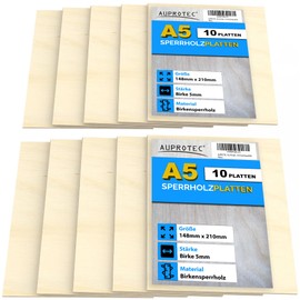 AUPROTEC 10x A5 Plywood Sheets 5mm Birch (148 mm x 210 mm) first class birchwood solid ply wood hardwood panels for arts and crafts fretsaw woodworking jigs painting drawing board