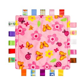 Pink Baby Girl Tags Security Blanket Colorful Ribbon Satin Taggy Blanket Soft Square Appease Towel Plush Comforter Taggie Blankie, Shower Gift for Baby