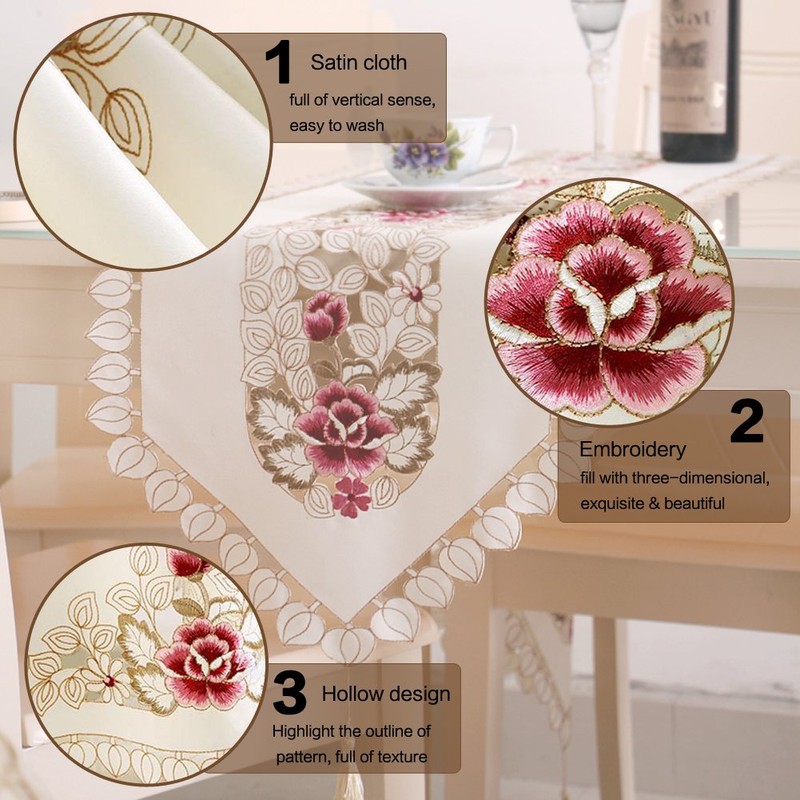 Embroidery Table Runner, Flower Table Runner Decorative Hollow Dining Table