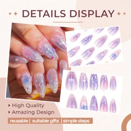 24Pcs Handmade Almond Press on Nails Medium Length Fake Nails Purple Gradient False Nails with Pearl and 3D Jellyfish Mermaid Design Artificial Acrylic Nails Press ons Summer Reusable Nails for Women