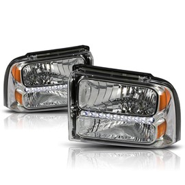 LED DRL Headlights Assembly Set Compatible with 05-07 Ford F250-F350 SD | Headlamps with Chrome Housing Amber Corner