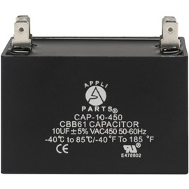 Appli Parts Fan Capacitor 10 mfd (microfarads) uf 450 VAC 4 Terminal Connections compatible with any brand within the same range of capacitance 2-1/4in Width 7/8in Depth 1-7/8in Height CAP-10-450