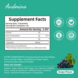 andmino L-Theanine Gummies 200mg, with Trehalose, for Stress Relief & Focus Supplement, Vegan, Non-GMO, Gluten Free, Grape Flavor, 60