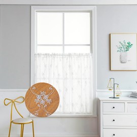 LIVETTY Original Net Curtains 54 Inch Drop Curtain 2 Panels Set Windows White Eyelet Curtain, Transparent Linen Style Voile Curtain 3D Floral Classic Embroidery for Bedroom, Living Room, Kitchen