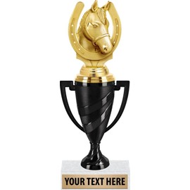 Crown Awards Horse Award Trophies, 11" Black Swirl Cup Trophy with Horse with Horseshoe Figure, Engraving Included