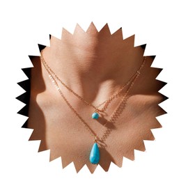 Andelaisi Boho Layered Turquoise Choker Necklace Gold Teardrop Turquoise Necklace Choker Blue Turquoise Pendant Necklace Vintage Waterdrop Turquoise Necklace Jewelry for Women