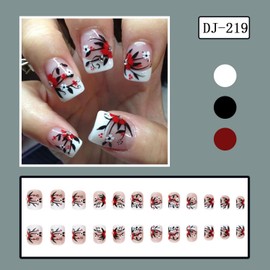 French Tip Press on Nails Short Square Fake Nails with Flower designs Red Black White False Nails Glossy Full Cover Spring Summer Glue on Nails Finger Stick on Nails for Women 24pcs