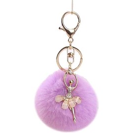 Yxinjy Purple Lovely Rhinestone Inlaid Dancing Ballet Girl Pom Pom Keychains Fluffy Plush Ball Pendants Key Chain Charming Women, Fluffy Ball Keychain, Women's Keyrings Dance Keychain