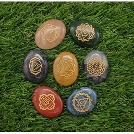 7 Chakra Oval Set Reiki Healing Crystal with Engraved Chakra OM Symbols Holistic Balancing Polished Palm Stones Set with Velvet Pouch