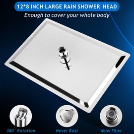 Voolan Rain Shower Head - High Flow Large Rainfall Shower Heads Made of Stainless Steel - Waterfall Bathroom Square Showerhead - Ceiling or Wall Mount (12 * 8 Inch Rectangle, Chrome)