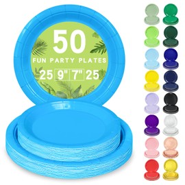 LANLISA - Juego de 50 platos desechables de papel azul incluye platos de papel desechables de 25 a 9 pulgadas y 25 a 7 pulgadas para suministros de fiesta