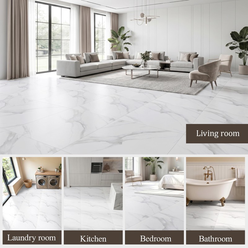DEXDE Peel and Stick Floor Tile White Marble Waterproof 2FTx2FT
