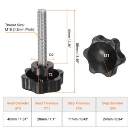 sourcing map 4pcs Star Knobs M10 x 60mm 304 Stainless Steel Threaded Stud 46mm Plastic 6-Star Head Hand Tightening Thumb Screw Clamping Jig Knob Handle, Black