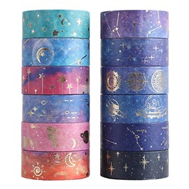 Cotrida Galaxy Purple Washi Tape - Gold Foil Washi Masking Tape with Constalation, Blue Sky, Moon, Star, Celestial, Perfect for Bullet Journal, DIY Crafts