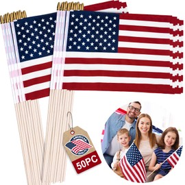 50 Pack American Flags on Stick, 12x18 Inch Bulk US Hand Held Wooden Stick Flags with Spear Top, 4th of July Independence Day Decorations for Outdoor Outside USA Decor