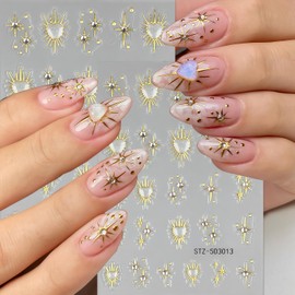 6 Sheets Star Nail Stickers for Nail Art, Shiny Crystal Diamond Stars Heart Silver Gold Self-Adhesive Nail Art Stickers Decals Design Everyday Salon Nail Art DIY Decoration Supplies for Women