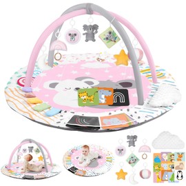 Baby Play Gym & Activity Mat, Tummy Time Mat with Tummy Time Pillow 7 Detachable Sensory Toys and Educational Cards for Motor Skills & Sensory Development, Baby Essentials Shower Gift, Pink Koala