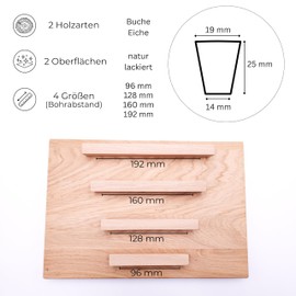 JOWE Furniture Handles Made of Wood Including Screws – Pack of 4 Handle Strips Made of Beech Natural Shape: Trapezoidal, Drilling Distance 128 mm