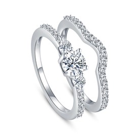 VOLUKA 925 Sterling Silver Set of 2 Round Cubic Zirconia Stacking Rings for Women 18K White Gold Plated Wedding Statement Engagement Rings, Cubic Zirconia, Cubic Zirconia