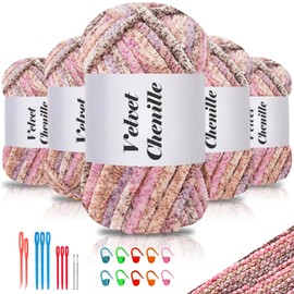 Maxee 500 g (5 x 100 g) Velvet Baby Wool, Velvet Chenille Yarn with Crochet Tools, Cuddly Soft Velvet Chenille Yarn, Fluffy, Soft Plush Wool, Crochet Yarn, Wool for Knitting and Crochet, Colour