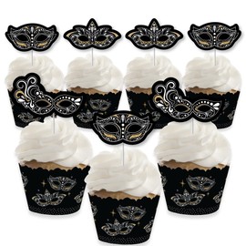 Big Dot of Happiness Masquerade - Cupcake Decoration - Venetian Mask Party Cupcake Wrappers and Treat Picks Kit - Set of 24
