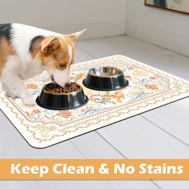 Pet Feeding Mat, Absorbent Cat Dog Mat for Food and Water Bowls Floors, No Stains Quick Dry Cat Dog Feeding Water Bowl Mats for Sloppy Drinkers, Pet Feeding & Watering Supplies (Boho, 16"x 24")