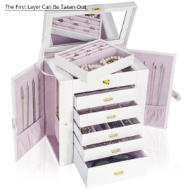 AKOZLIN Extra Large 6-Tier Jewelry Box Organizer with Mirror, 5 Drawers Leather Jewelry Storage Case for Women Girls Ring Necklace Earring Bracelet White