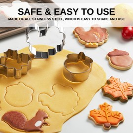 5PCS Large Fall Thanksgiving Cookie Cutters Set - Holiday Cookie Cutter Shapes for Baking-Squirrel, Maple Leaf, Oak Leaf, Acorn, Turkey, Fall Stainless Steel Molds for Holiday Party Decorations