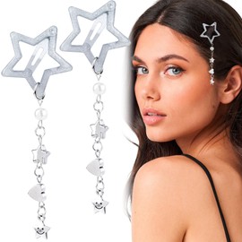 Pndeyo 2pcs Star Tassels Hair Clips for Women, Non-Slip 2000s Y2k Snap Hair Barrettes, Cute Star Beaded Pendant Hair Pin Accessories for Braid Long Short Thin Thick Hair