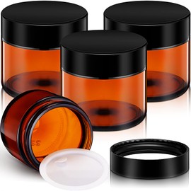 Patelai 2 oz Glass Jars with Lids, 4 Pack Amber Cosmetic Jars with Black Lids Leakproof and Dishwasher Safe for Travel Storage Makeup, Cream,Lotion,Ointments