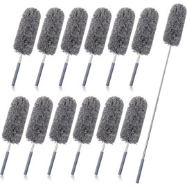 Tanlade 12 Pcs Microfiber Feather Duster for Cleaning 13-31 Inch Extendable Cobweb Dusters Ceiling Fan Duster Washable Bendable Tool for Office Car Window Furniture (Gray)
