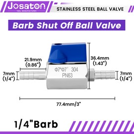 Josaton 1/4" Barb Ball Valve 304 Stainless Steel,Mini Gas 1/4 Inch Shut Off Valve for Water Gas Fuel Drip Irrigation and Aquariums with 2PCS Clamps Kits