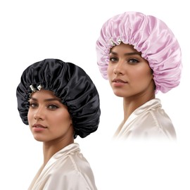 Satin Bonnet Silk Bonnet Hair Bonnet for Sleeping-Slouchy Beanie Hat Satin Sleep Cap for Women's Natural & Curly Hair(Black&Pink)