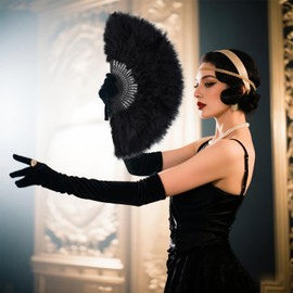 EOSAU 2 Packs 1920s Flapper Accessories for Women - Feather Fan, Gloves Set for Vintage Wedding Dancing Cosplay Costume Great Gatsby Accessories (Black)
