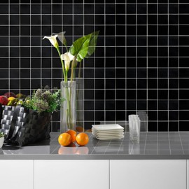 CASAPALACE Black Peel and Stick Glass Tile, 12" x 12" Square Mosaic Glass Backsplash for Kitchen Bathroom Wall (5 Sheets, 5 SQ.FT.)