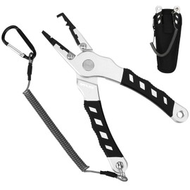 Sanlike Fishing Pliers, Split Ring Pliers, Line Cutter Pliers, Fishing, Multifunctional, Lightweight, with Exclusive Case, Silver/Gold (Silver)