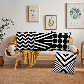 Vie Savaran 4 Pcs/Set Geometric Pillow Covers Black Winding Strips Circle Minimalist Geometry Retro Line Linen Throw Pillow Covers for Sofa Bedroom Outdoor Decorative, 26"x26", Black White