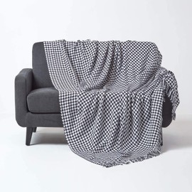 HOMESCAPES Medium Black Houndstooth Throw 60 x 80 Inches or 152cm x 203cm, 100% Cotton Bed Throw Blanket for Single, Double and Queen Sized Beds