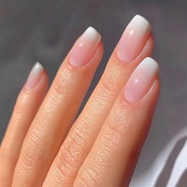 Ombre French False Nails Short Square, SXVME French Press on Nails Short Medium, Gradient Pink Fake Nails Short, Elegant Ombre Pink Nails Press on, Acrylic Stick on Nails for Women Daily Wear
