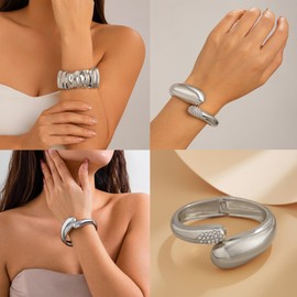 CJIAYUJEW 3Pcs Big Chunky Gold Bangle for Women Silver Cuff Wide Bracelet Trendy Teardrop Wire Irregular Minimalist Jewelry (A-Silver)