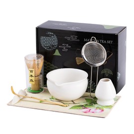 Matcha Set, IMatcha Whisk Set ncludes Matcha Bowl, Matcha Whisk and Holder, Bamboo Scoop, Scoop Rest, Sifter, Tea Towel- 7 Pcs Matcha Kit for Women Men Girl Friend Home Kitchen Decor Gifts (White)