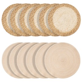 Handmade Round Boho Placemats Set of 6 | Natural Woven & Polyester Braided Combo Table Mats | 12-Piece Versatile Place Mats | Simple Rustic Farmhouse Style Dining Table Decor, Beige