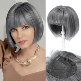 UDU Grey Hair Topper with Bangs Natural Looking Hair Topper for Volume and Coverage Clip in Hairpiece for Women