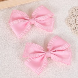 4in Pink Silky Satin Ruffled Ribbon Hair Bow Clips Barrettes, 2pcs Valentines Wedding Easter Dress Decoration Accessories for School Girls Toddlers Teens Kids Ponytail Holder Gift