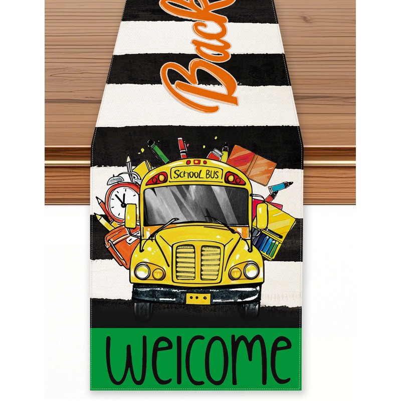 Back to School Table Runner, Black and White Striped with