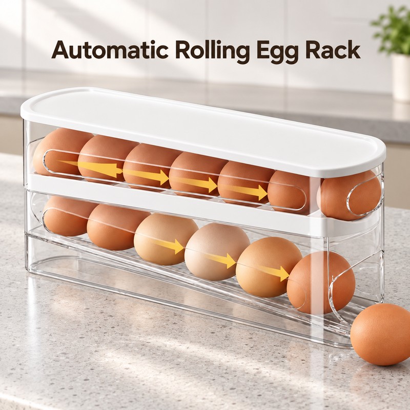 Automatic Rolling Egg Storage Box – Refrigerator Egg Organizer Rack