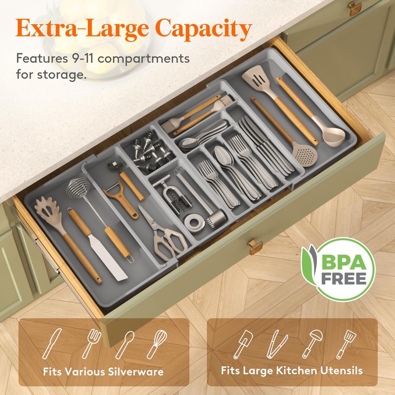Lifewit Large Silverware Drawer Organizer, Plastic Cooking Utensil Tray for